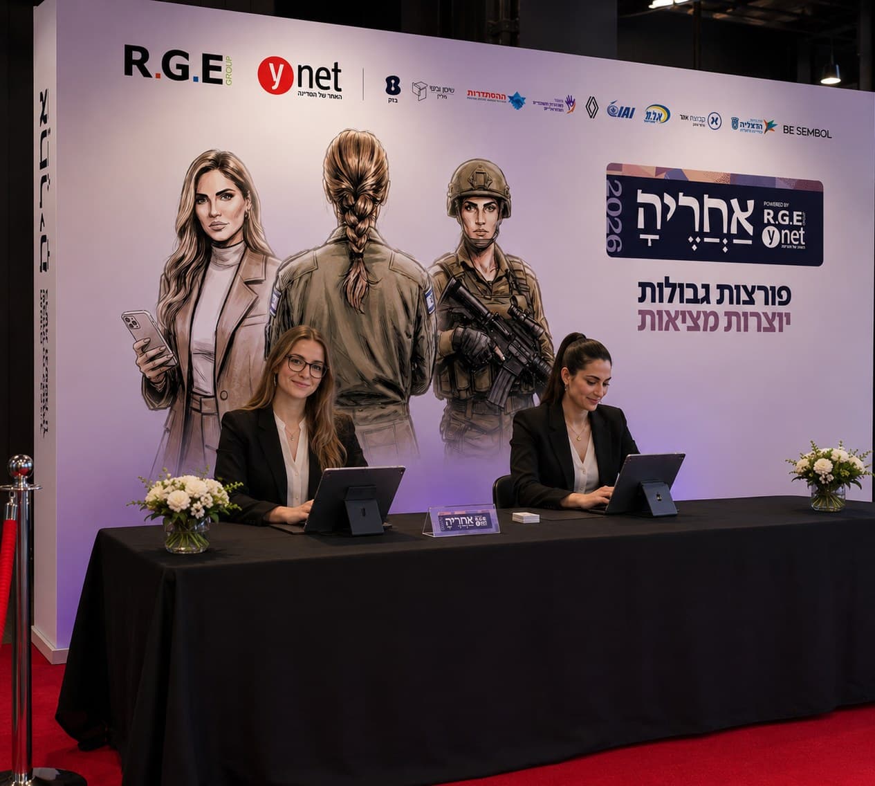 The panel table in front of the sponsor wall