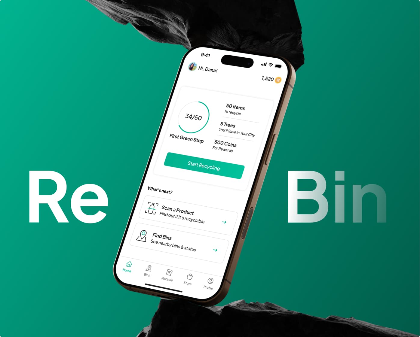 The ReBin app home screen on a phone, beside the ReBin wordmark