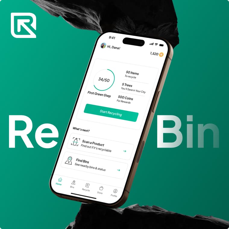 The ReBin app home screen on a phone, beside the ReBin wordmark