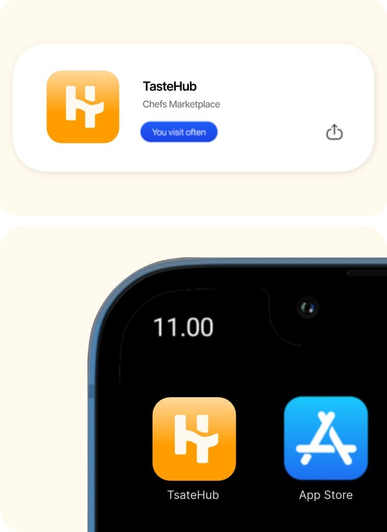 The TasteHub listing in a browser's site suggestions, and its icon on an iPhone home screen