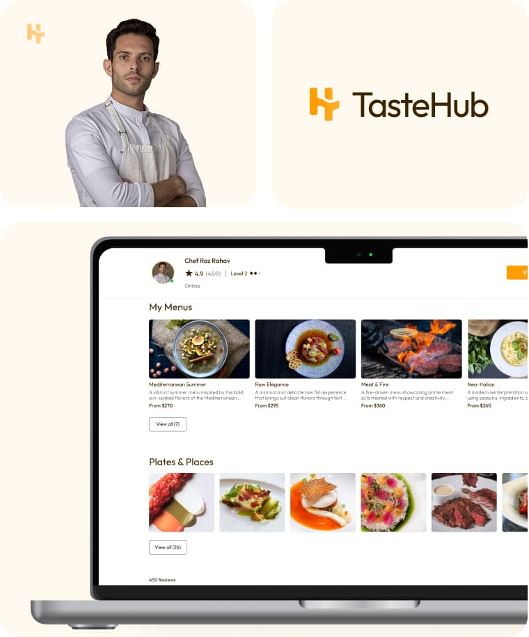 Chef Raz Rahav, the TasteHub logotype, and the chef profile open on a laptop