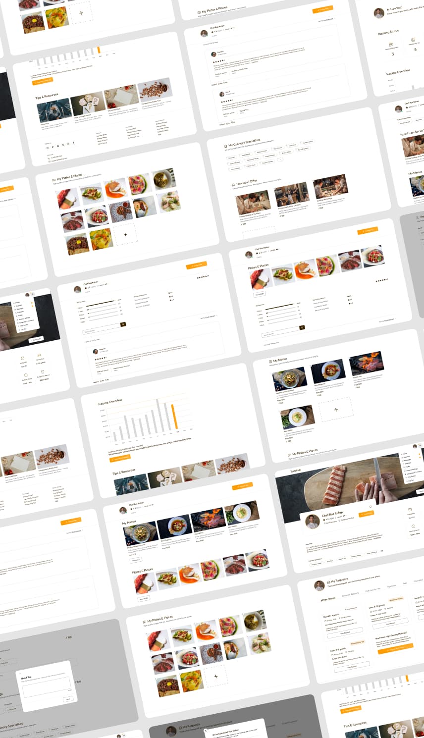 Every screen in the TasteHub product, laid out on an angled board