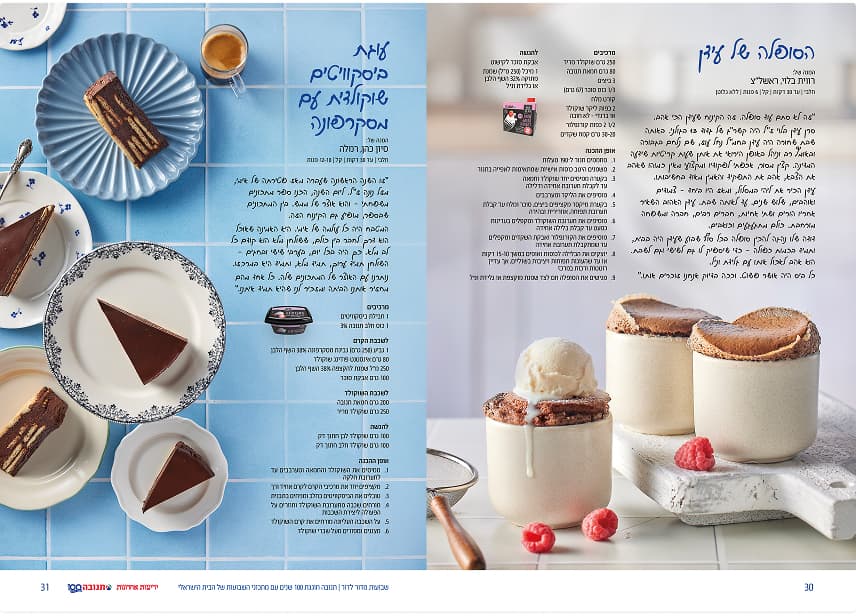 A spread on a soft pink background, facing its recipe page
