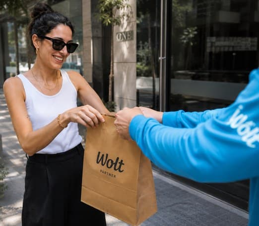 A Wolt courier handing a paper bag to a customer on the street