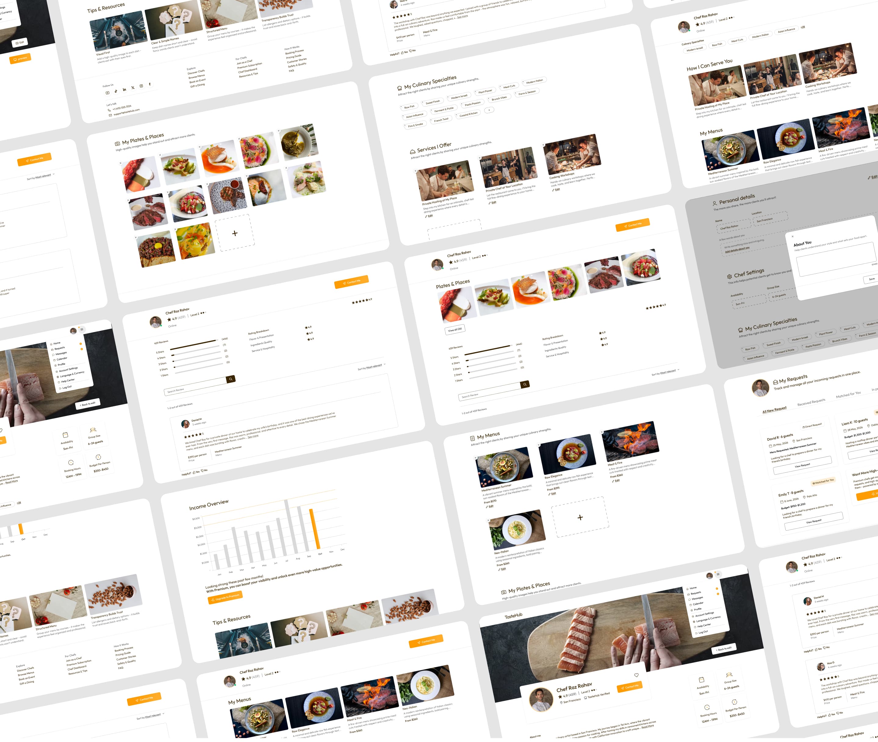 Every screen in the TasteHub product, laid out on an angled board