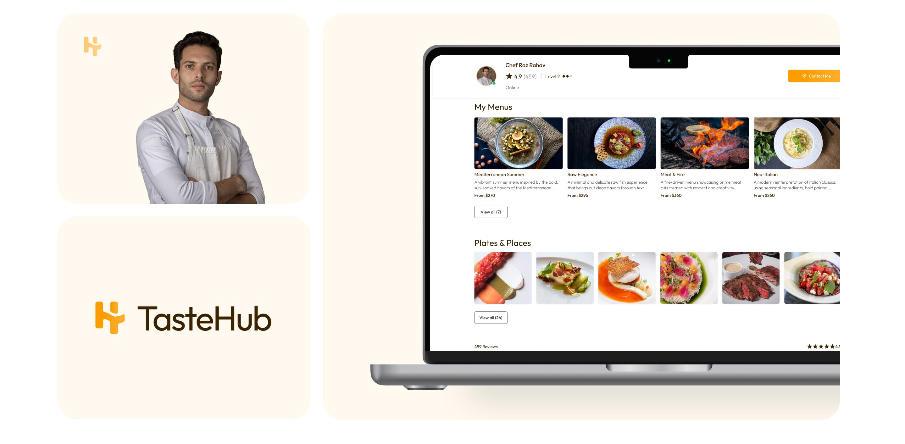 Chef Raz Rahav, the TasteHub logotype, and the chef profile open on a laptop