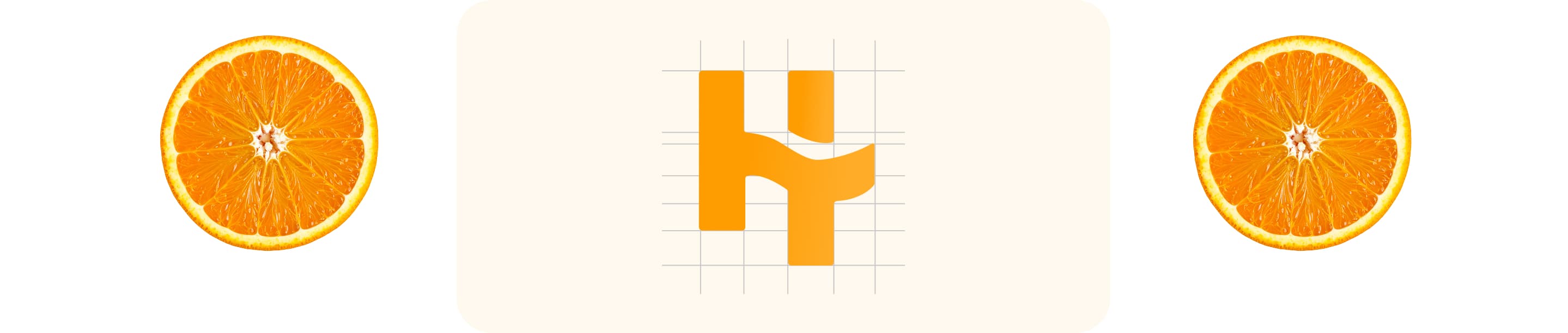 The TasteHub mark drawn on its construction grid, between two halved oranges
