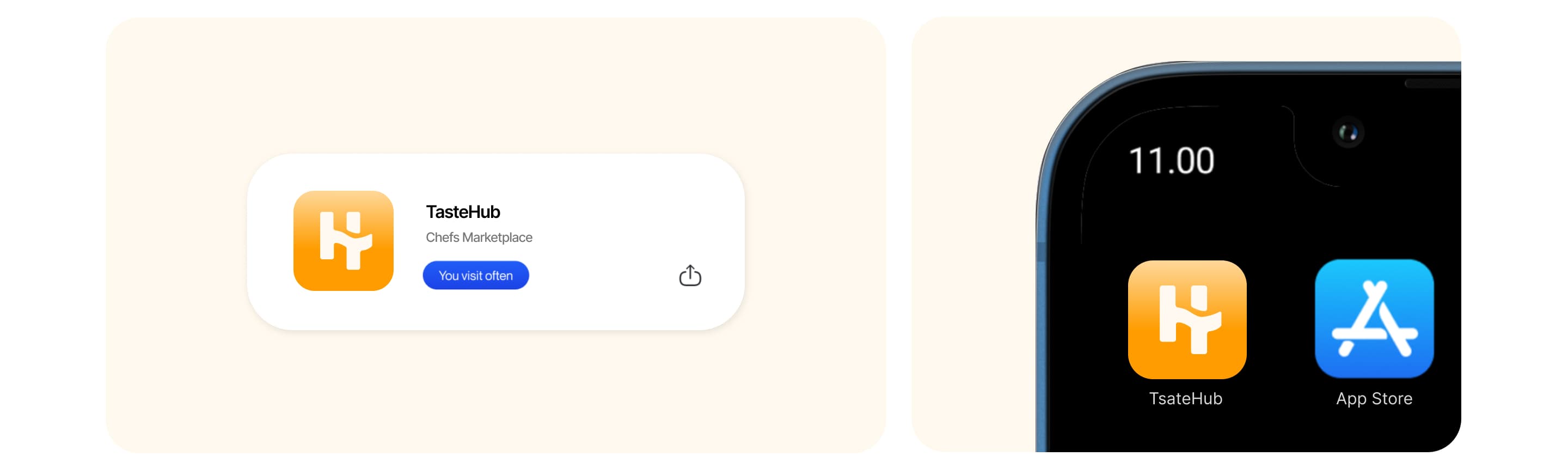The TasteHub listing in a browser's site suggestions, and its icon on an iPhone home screen