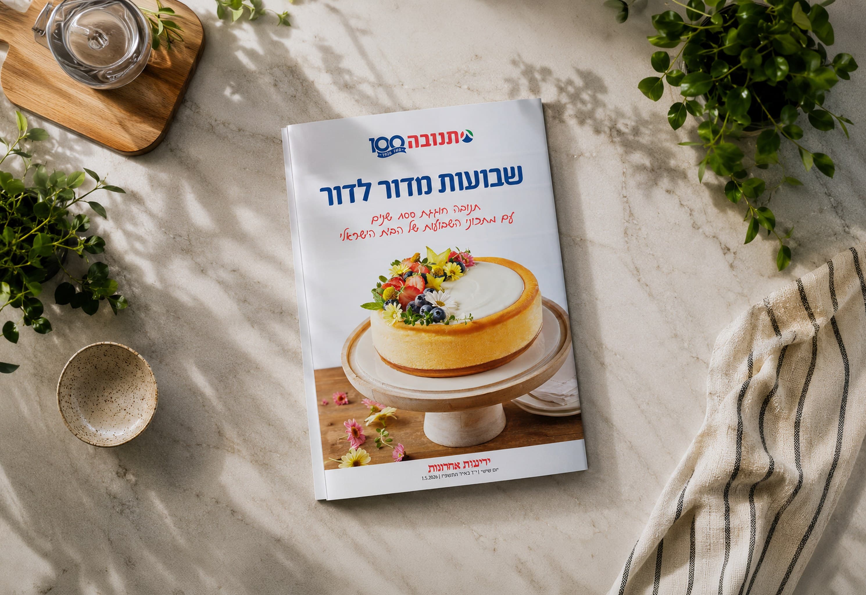 The Tnuva Shavuot cookbook open on a marble counter, a recipe spread facing up