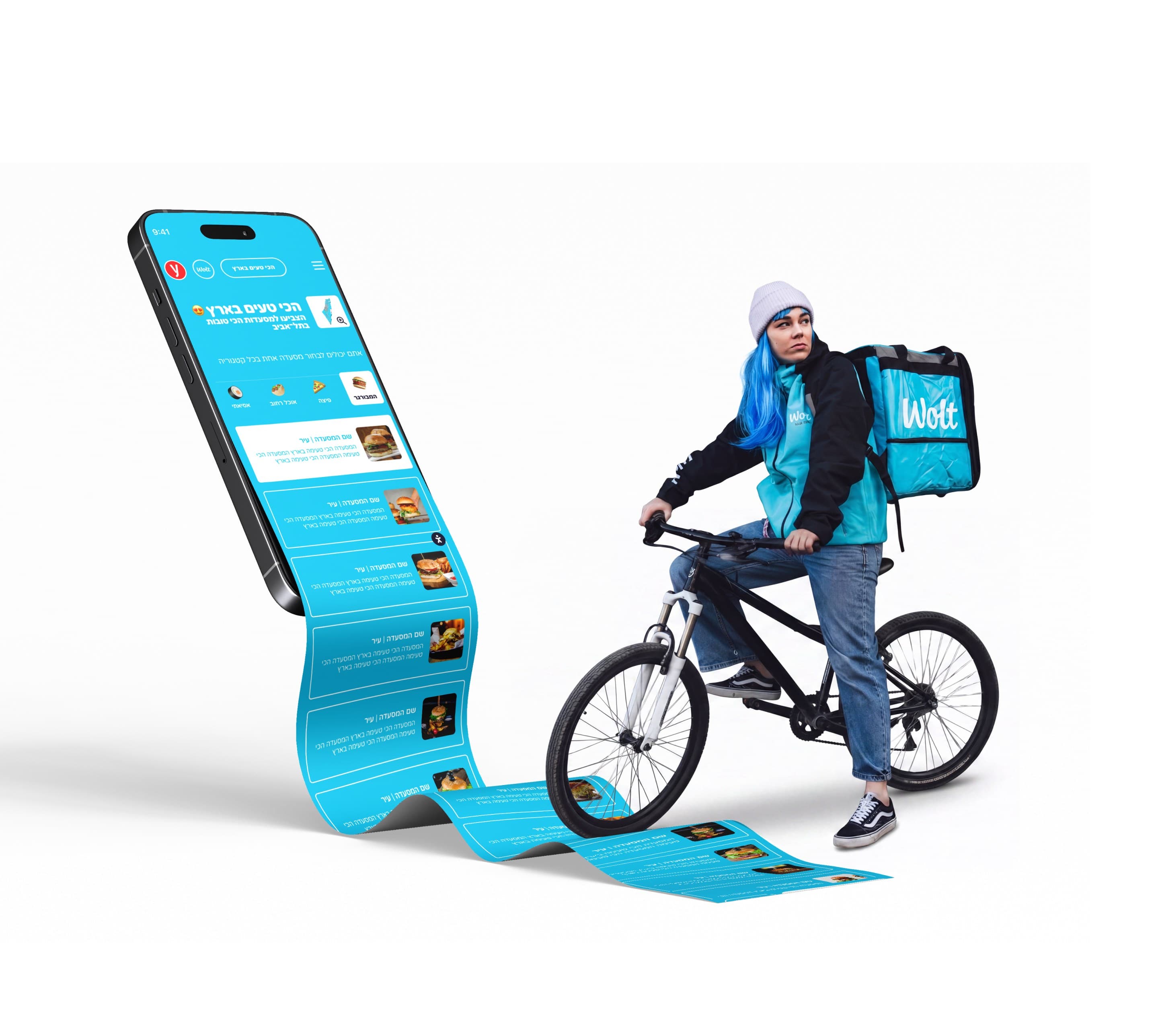 The campaign's mobile page as one long scroll, beside a Wolt courier on a bike