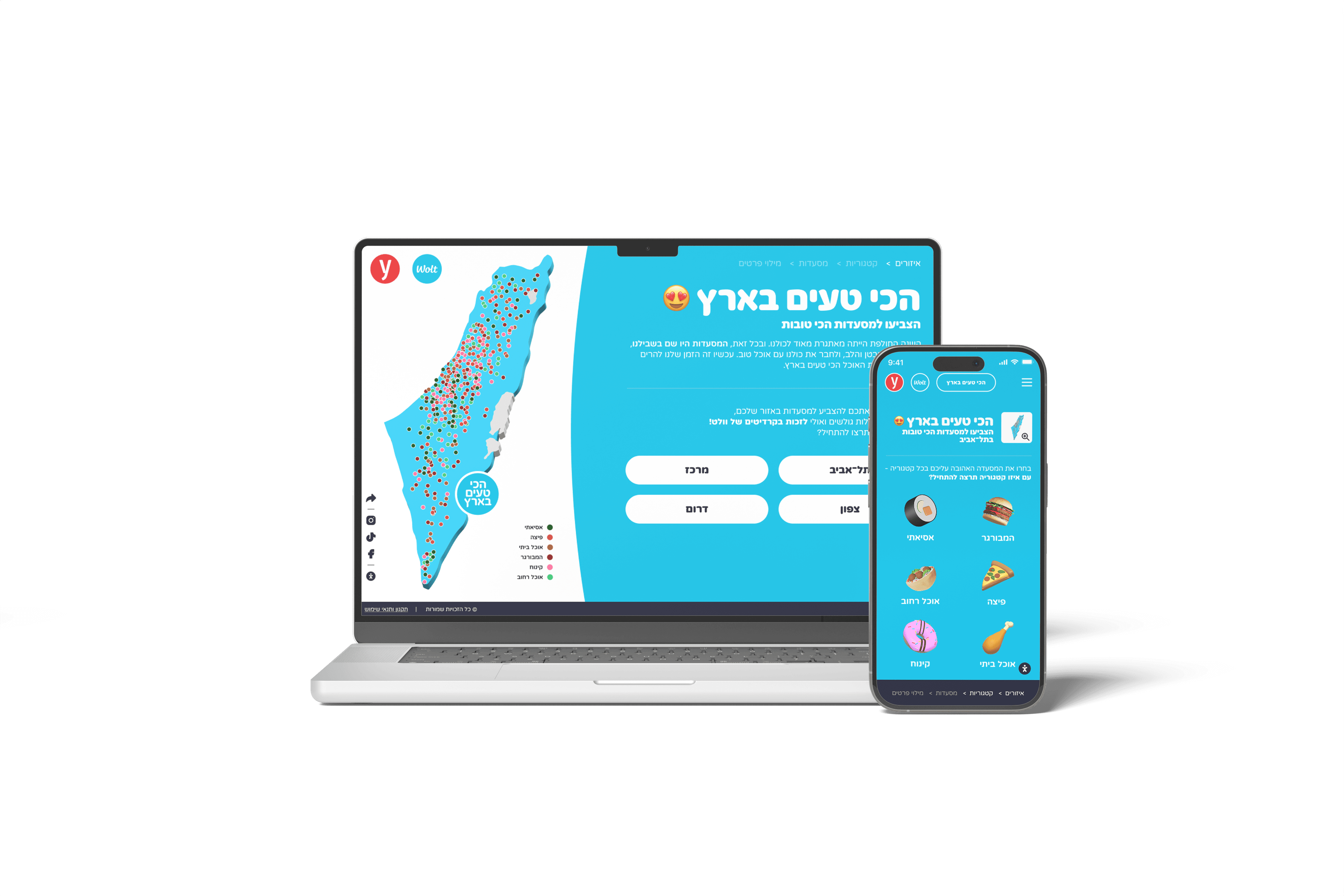 The Ynet x Wolt restaurant-voting experience on a laptop and a phone