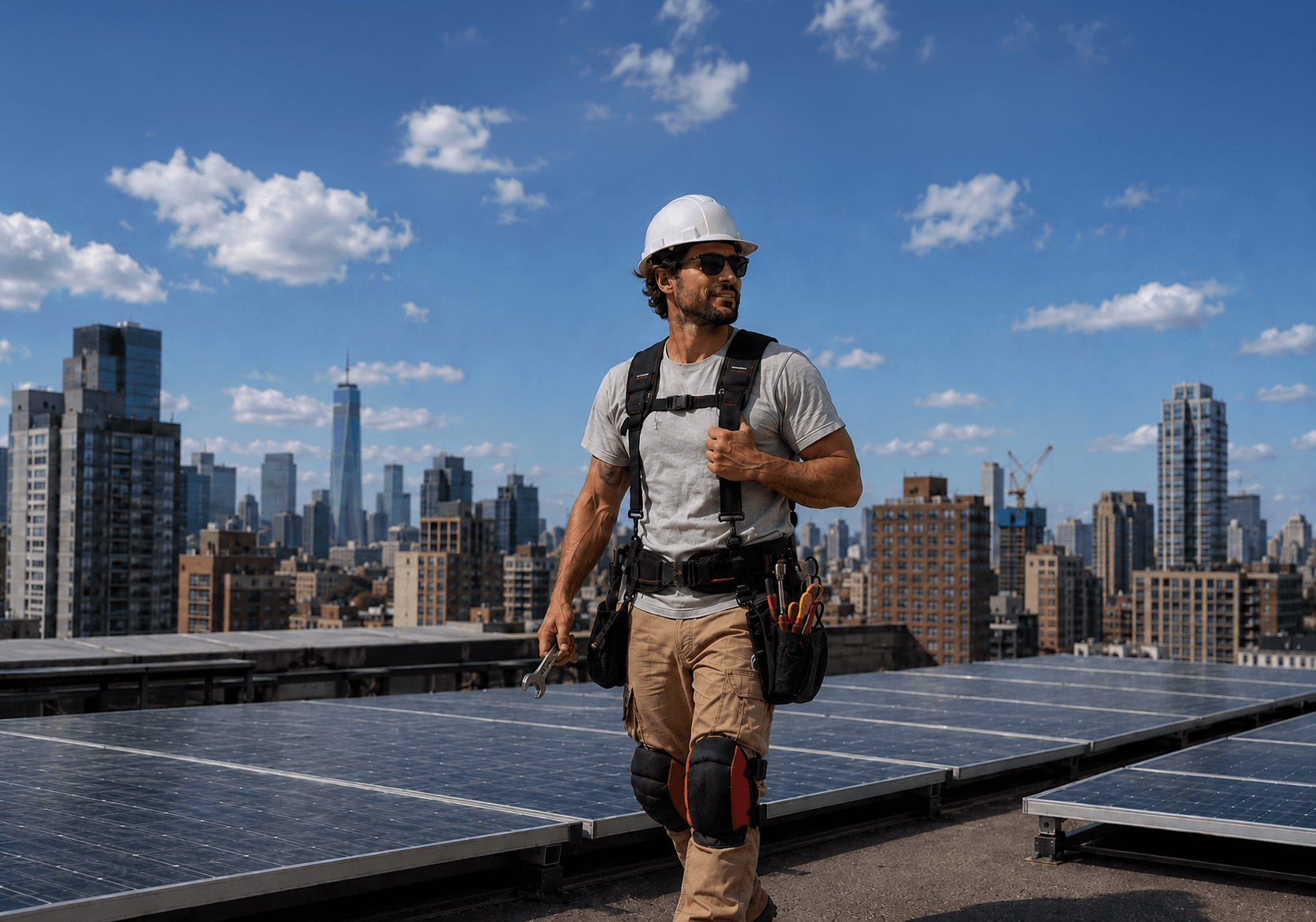 A tradesman on a rooftop wearing the MAGMAX belt