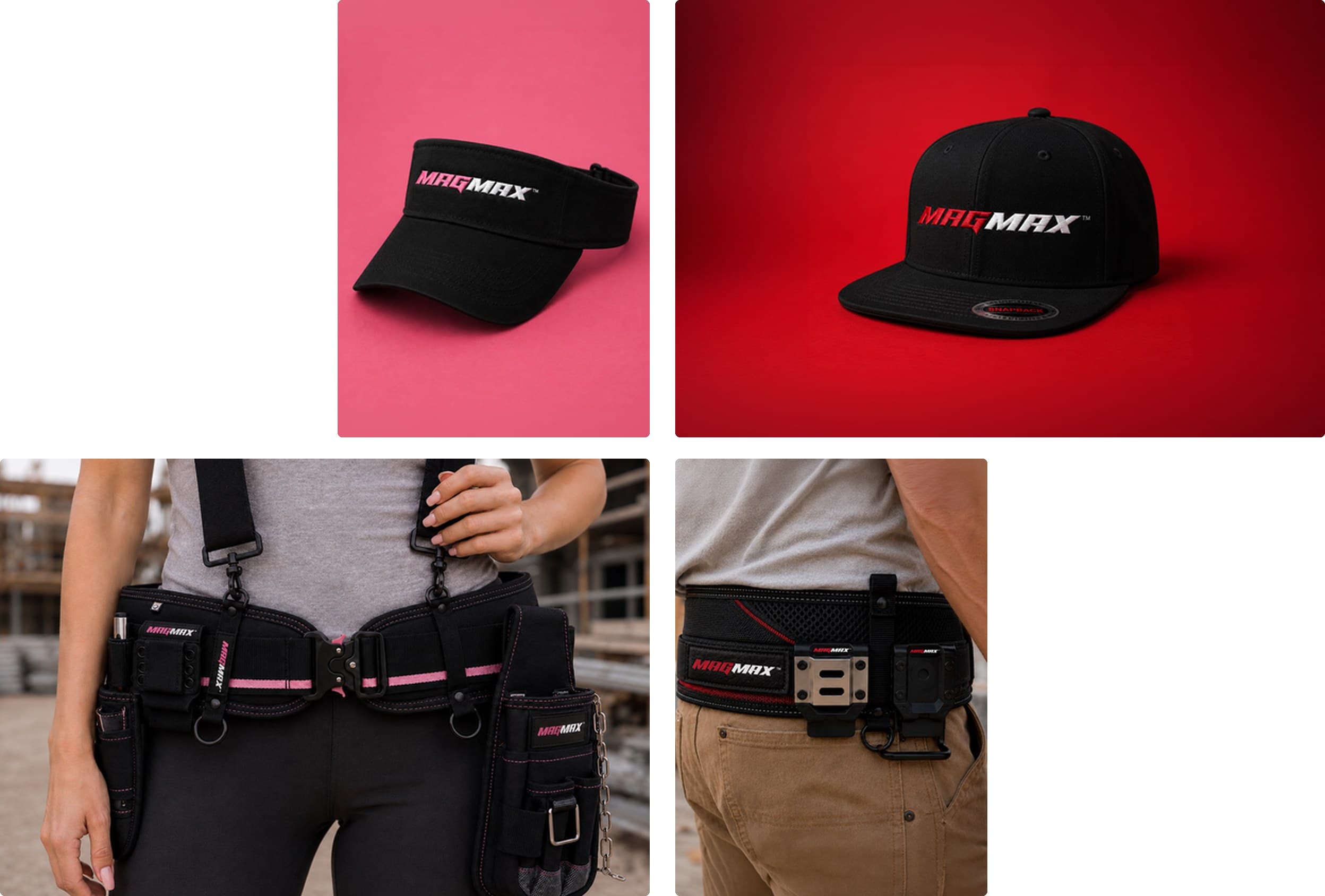 MAGMAX merchandise and belts — a visor, a cap and the belt worn on site