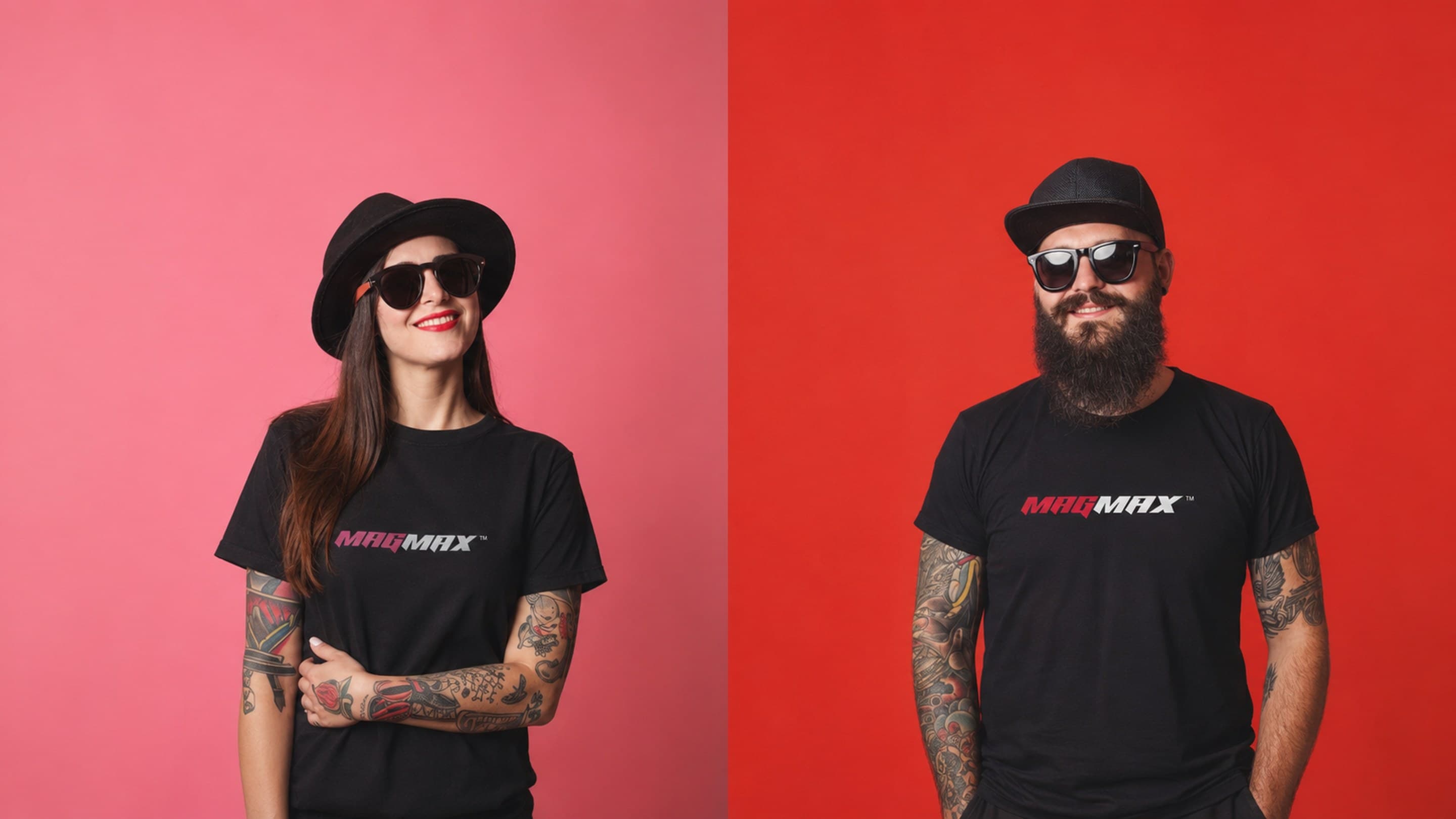 Two models wearing MAGMAX-branded t-shirts, on pink and red backdrops