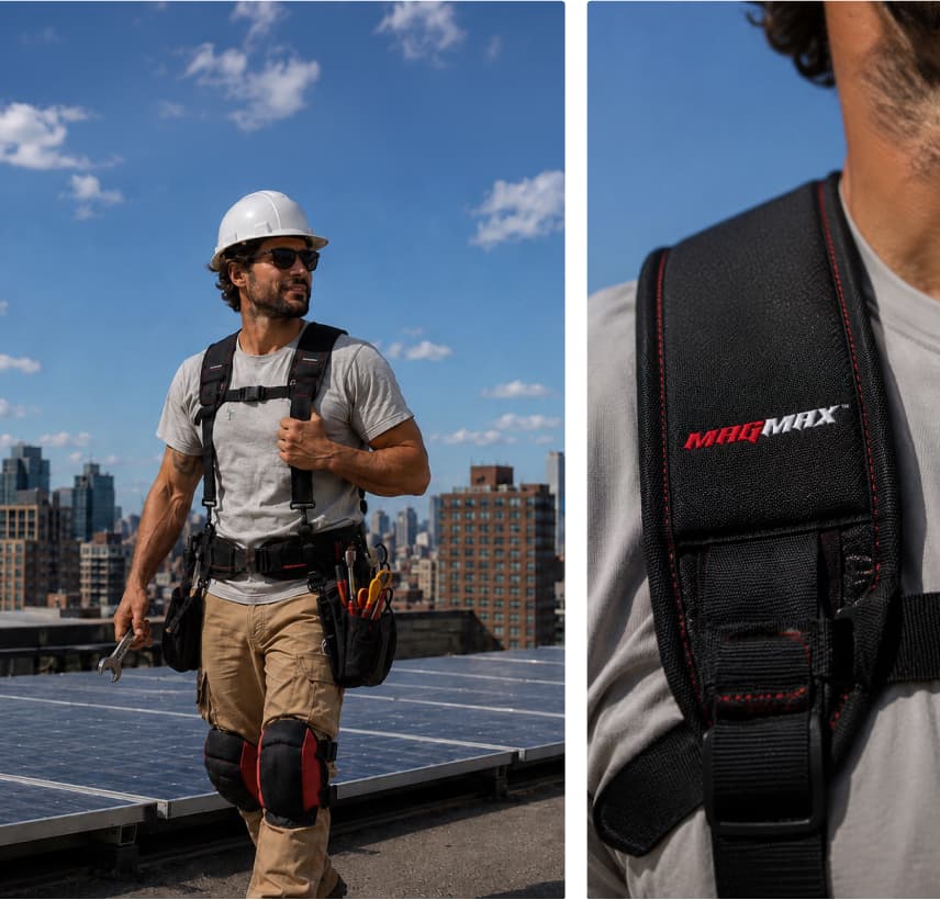 A tradesman on a rooftop wearing the MAGMAX belt, with a close-up of the shoulder strap
