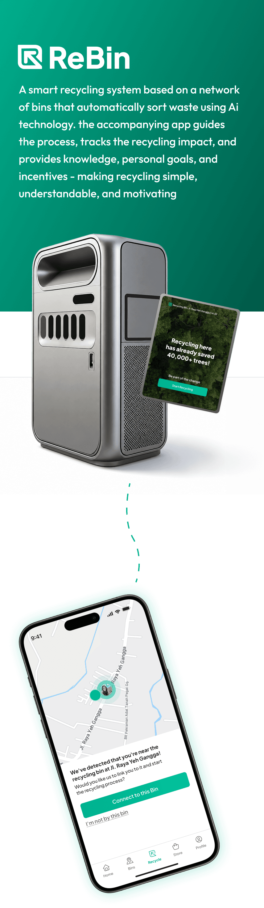 ReBin: a smart recycling system based on a network of bins that automatically sort waste using AI technology, the smart bin hardware, and the companion app