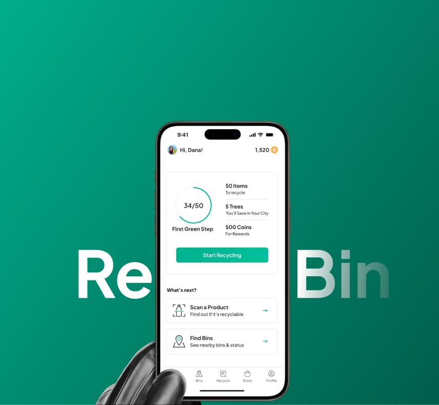 The ReBin wordmark either side of the app home screen on a phone