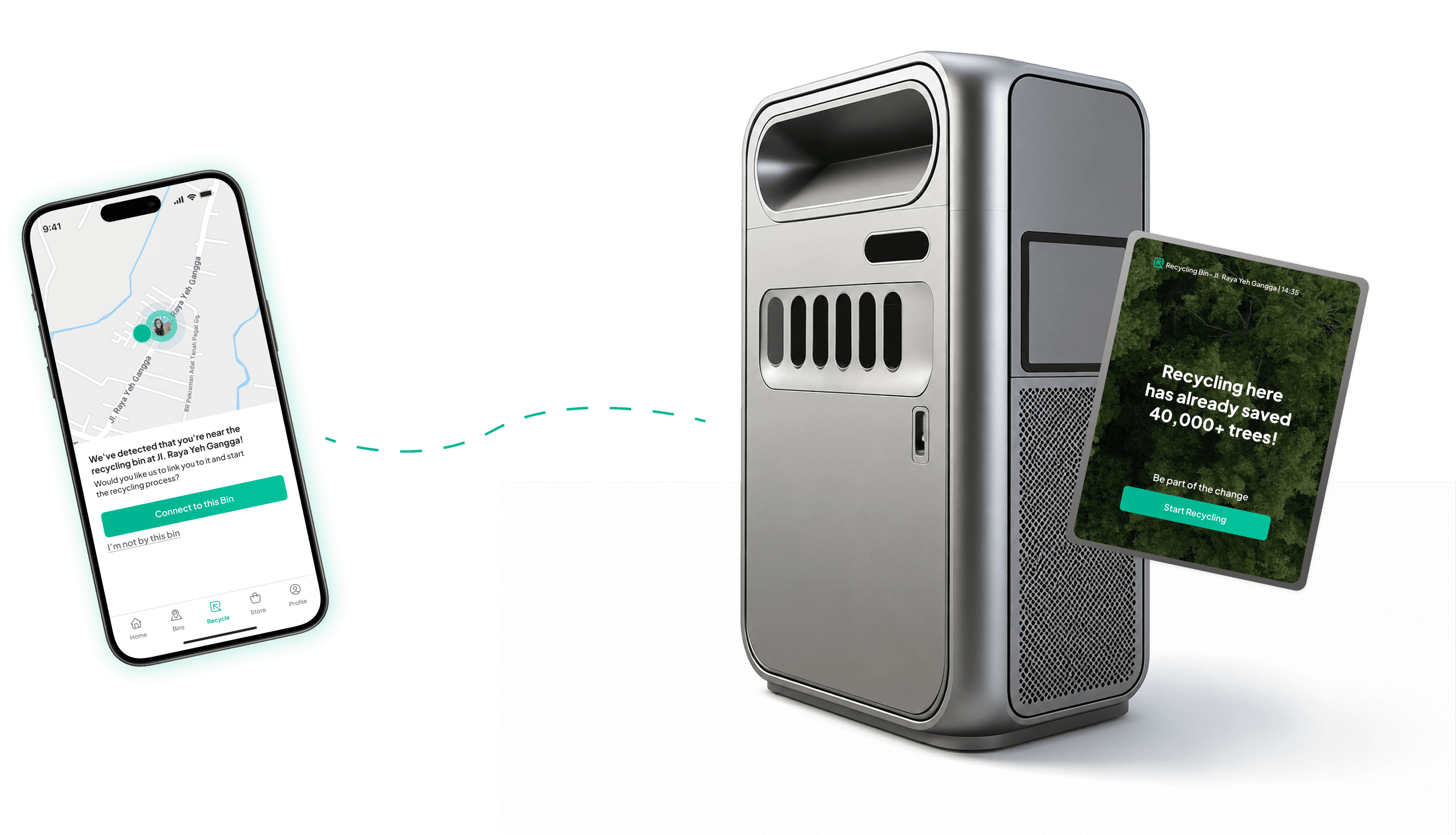 The ReBin smart bin, the app offering to connect to it, and an in-street sign