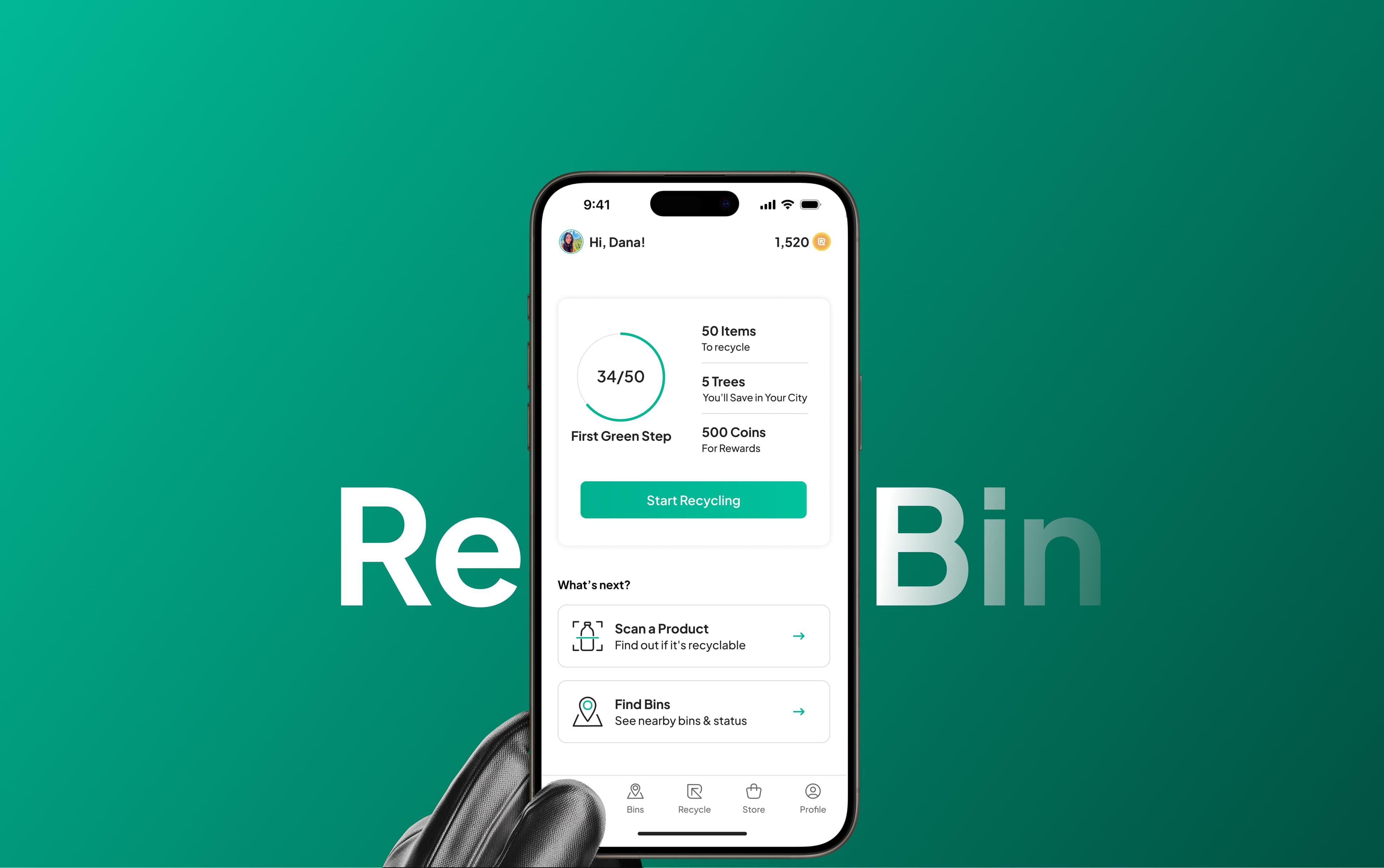 The ReBin wordmark either side of the app home screen on a phone
