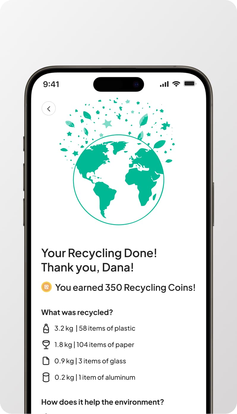 The ReBin app's recycling summary screen on a phone